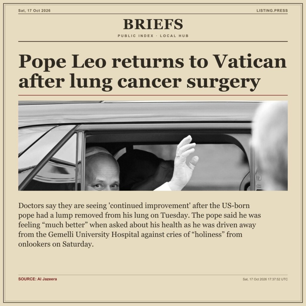 Pope Leo returns to Vatican after lung cancer surgery