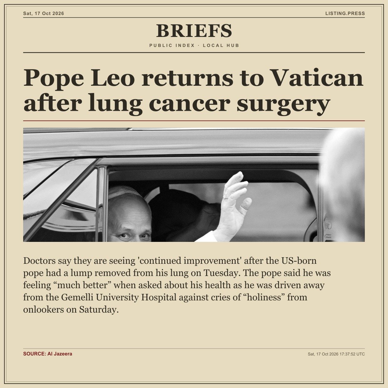 Pope Leo returns to Vatican after lung cancer surgery
