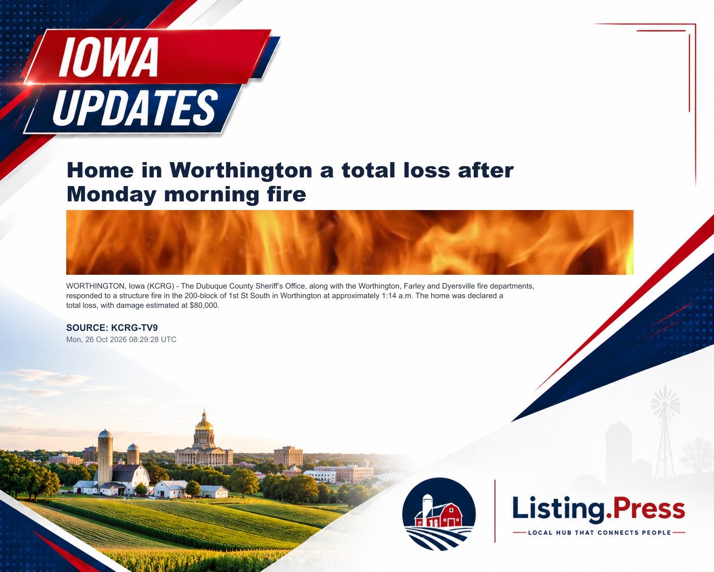 Home in Worthington a total loss after Monday morning fire