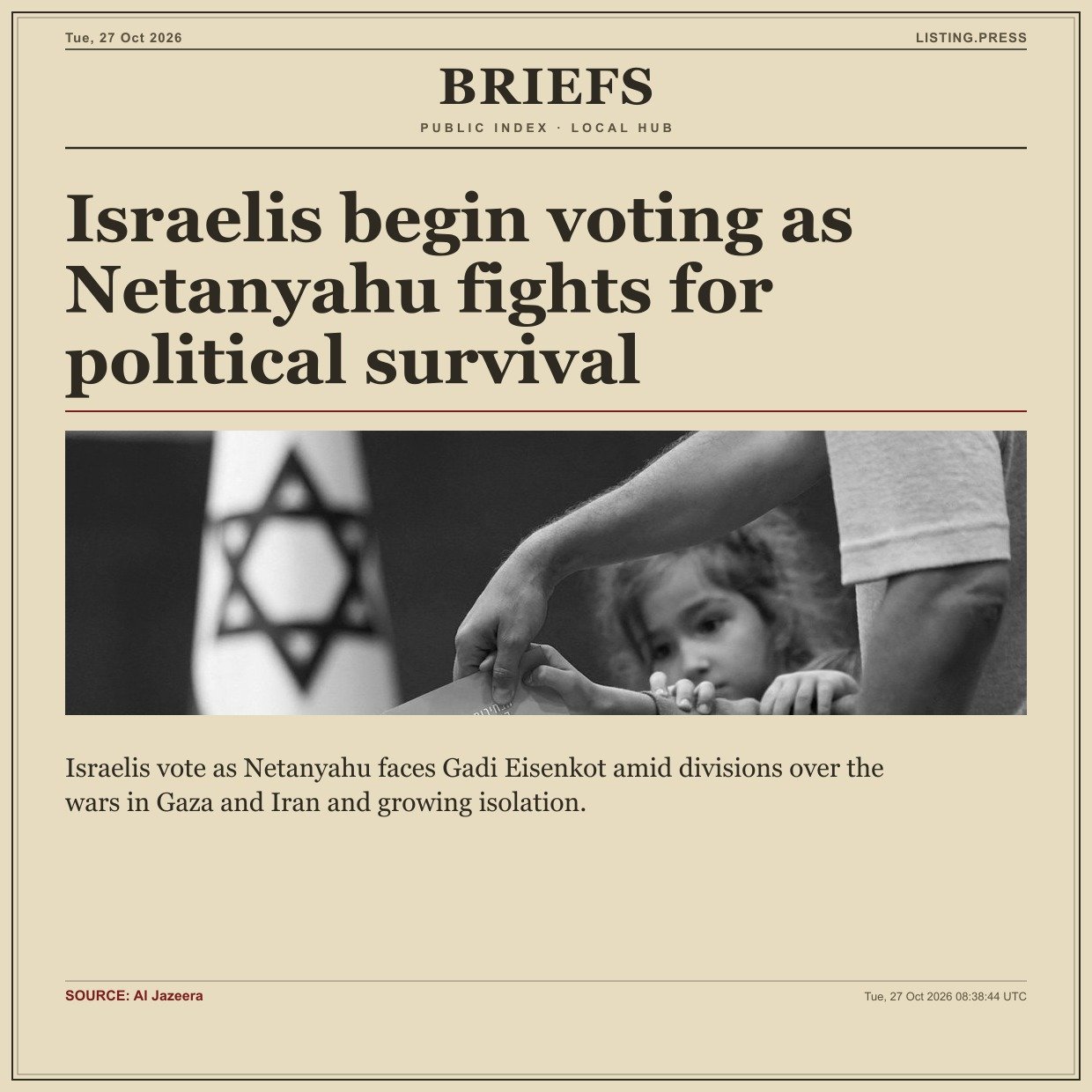Israelis begin voting as Netanyahu fights for political survival