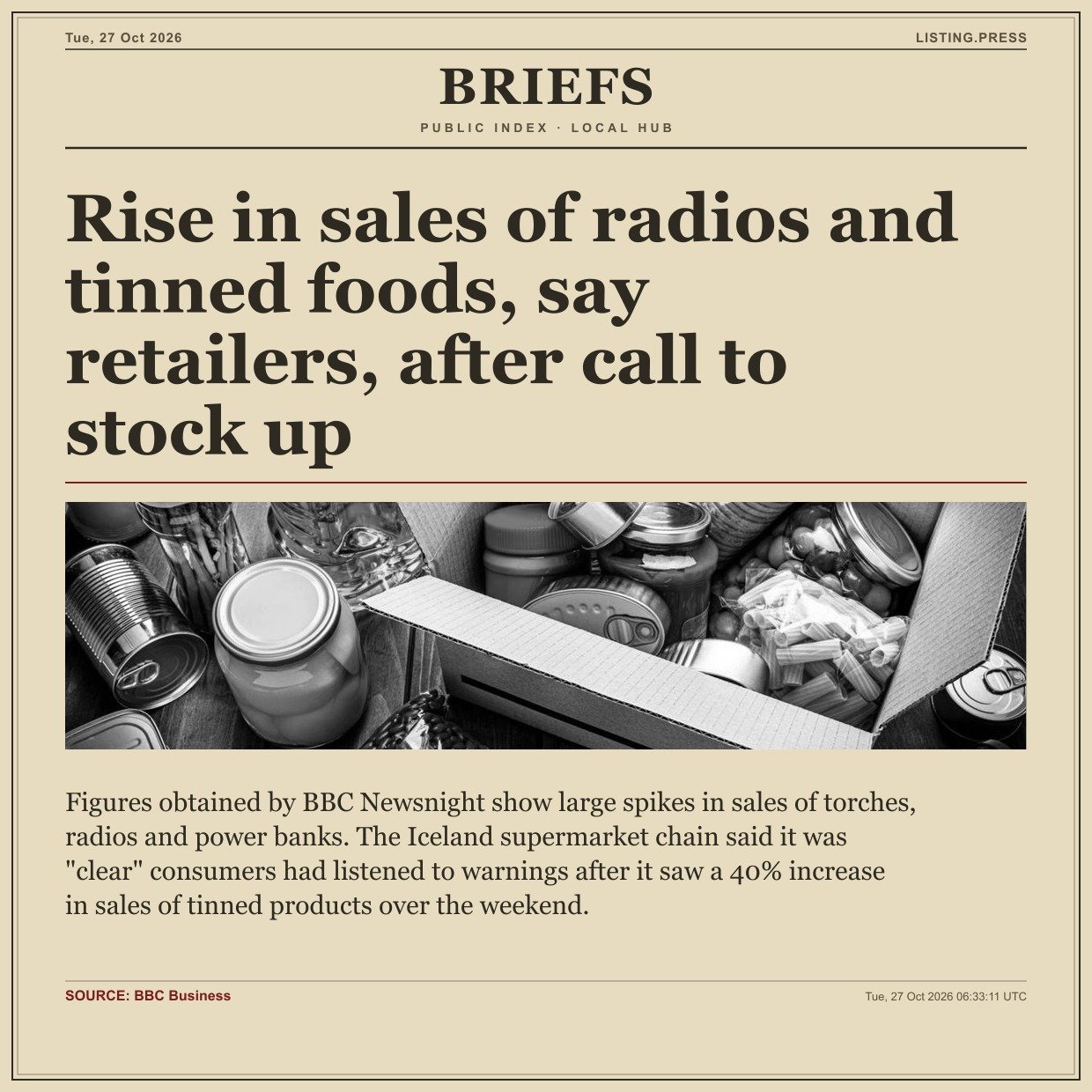 Rise in sales of radios and tinned foods, say retailers, after call to stock up